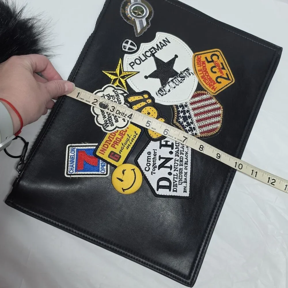 Dream Control Black Large Patched Clutch With Pom Pom Vegan Leather Hipster